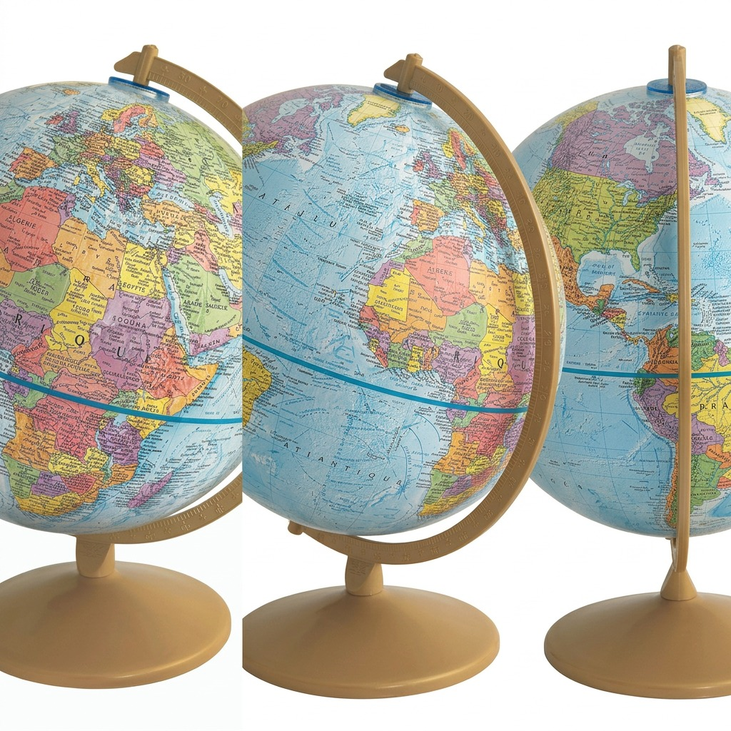 A visual comparison matrix illustrating the Explorer 12"/30Cm Blue Ocean Desk Globe from Replogle Globes, presented in three views on a clean white background.