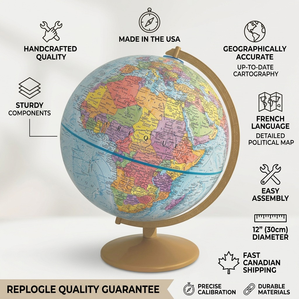 An infographic showcasing the Replogle Explorer Globe with trust cues, American-made icons, and fast Canadian shipping indicators.