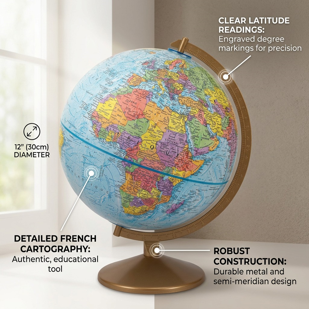 Ecommerce feature graphic highlights benefit for Replogle French language globe with pointers.
