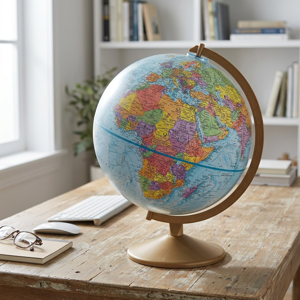 Replogle Globes Explorer 12" Blue Ocean Desk Globe (French) placed on a wooden desk.