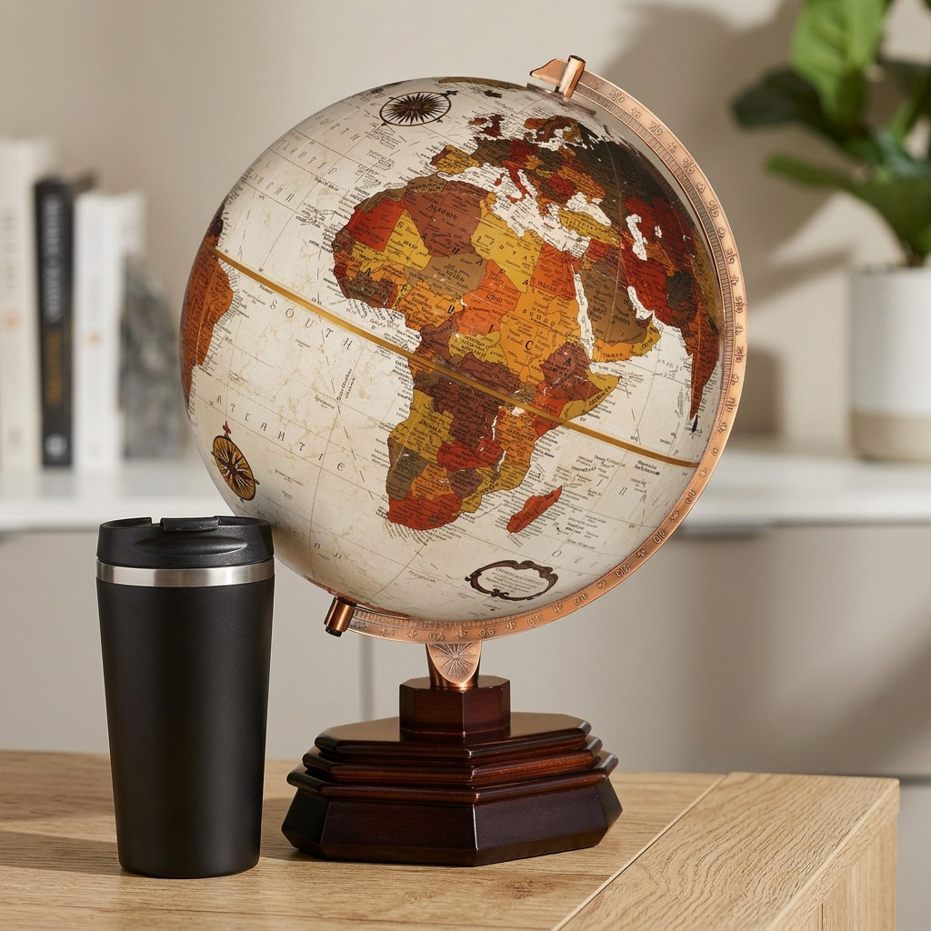 Visual scale reference: The detailed bronze-finish map globe with its dark wood base is displayed on an office desk, showcasing its proportions.