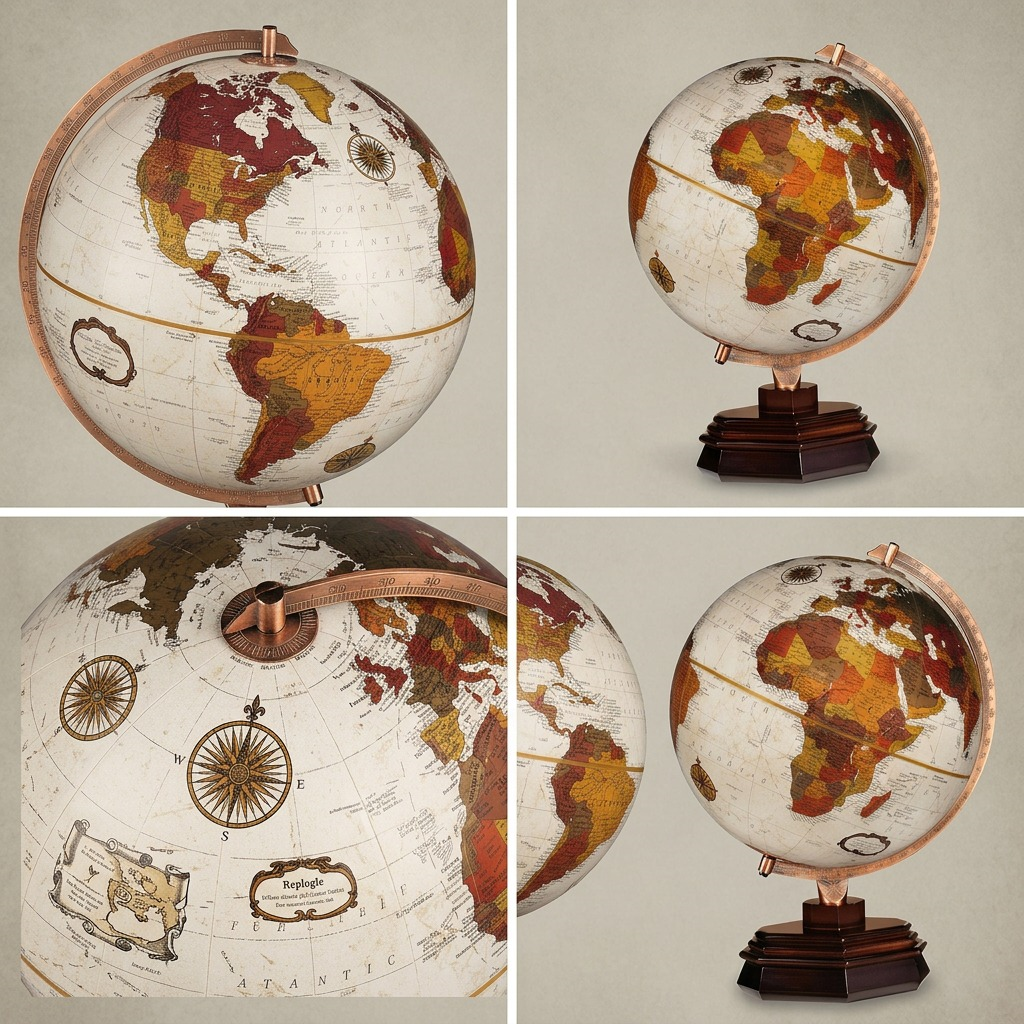 A composite ecommerce photo displaying the detailed Replogle globe on its dark wood stand from three distinct angles: a direct frontal view, which serves as the central focus, flanked by quarter-turn perspectives from the left and right to reveal further geography and the stand's design. The bronze meridian and base structure are consistent throughout.