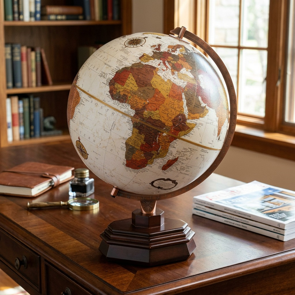 A Replogle Usonian globe from the Frank Lloyd Wright Collection sits on an antique-finished wooden desk beside an open book.