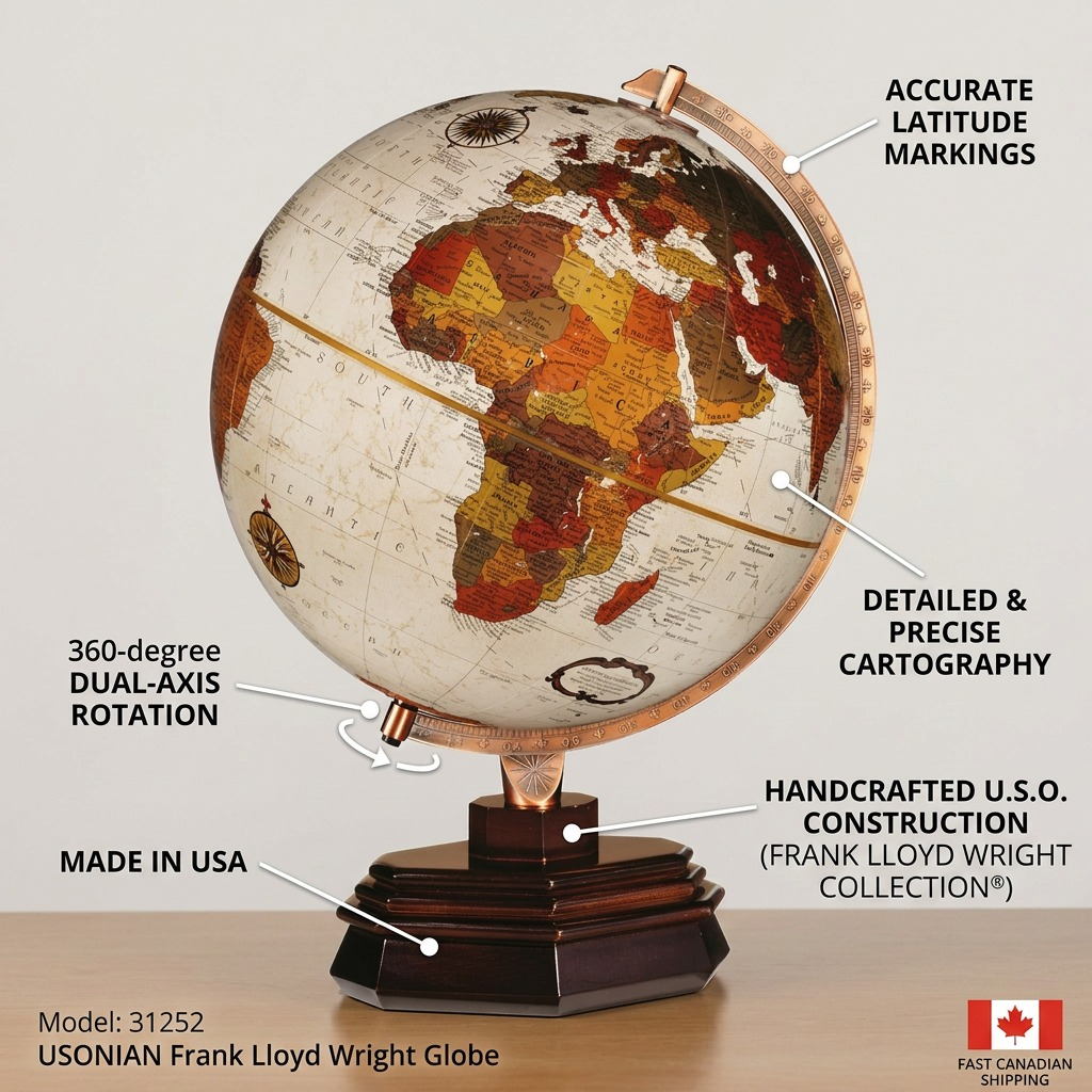 Infographic of the USONIAN Frank Lloyd Wright Globe, featuring key callouts: accurate latitude markings, detailed cartography, dual-axis rotation, Made in USA, and handcrafted U.S.O. construction, complete with a Canadian shipping icon.