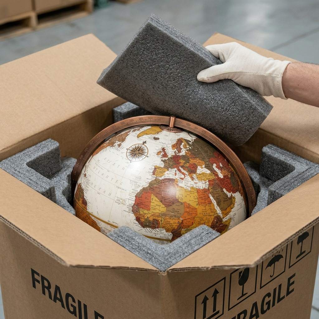 Close-up photo of the classic Frank Lloyd Wright Usonian globe sitting securely within cut-to-fit grey foam packaging inside an unsealed cardboard box, demonstrating secure shipping of the unique product.