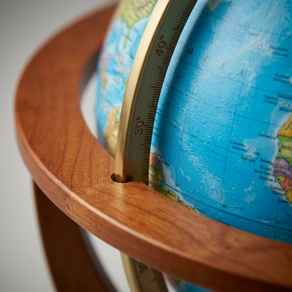 Macro close-up of the metal meridian with degree etchings, intersecting the rich cherry wood base.