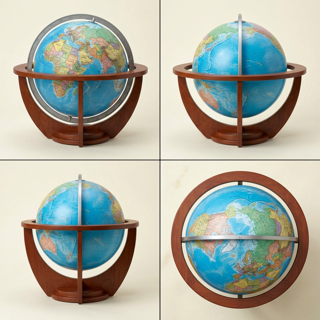 A four-panel grid matrix showcasing the detailed Replogle Schwartz wood floor globe from front, profile, rear, and top-down perspectives.