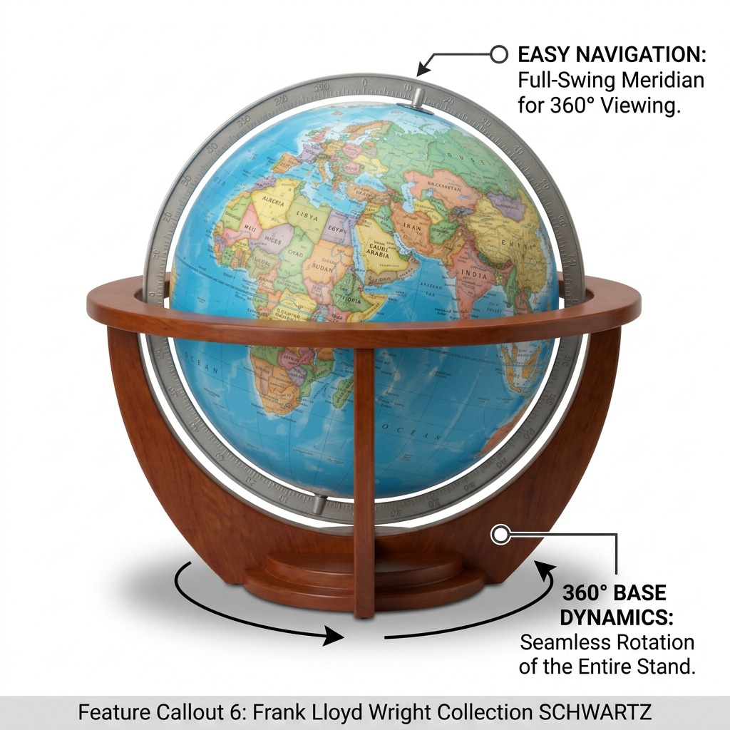 Feature callout image of the Replogle Schwartz Globe detailing the full-swing meridian and 360-degree base rotation.