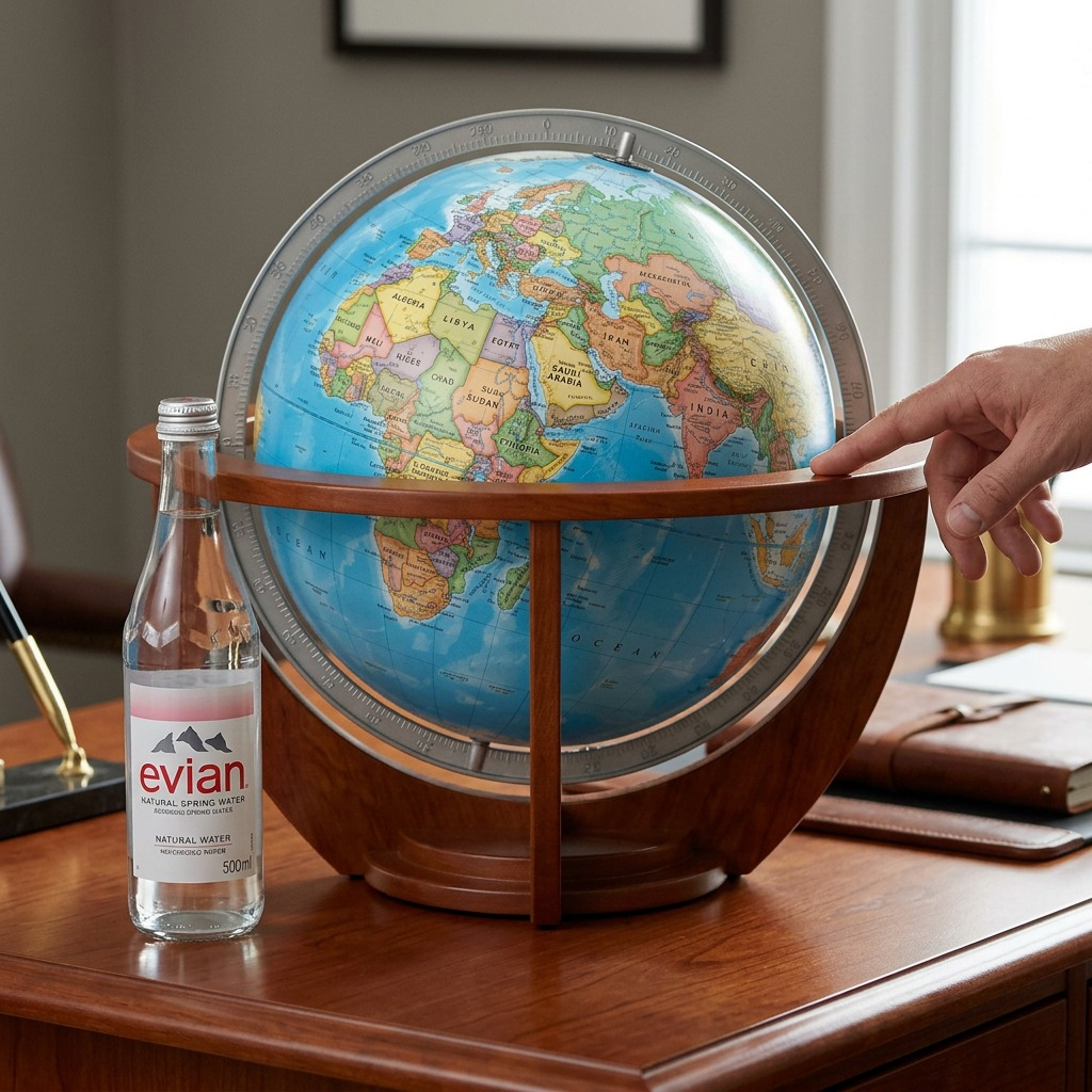 Replogle Schwartz globe on a wooden desk with a hand and water bottle for scale reference.