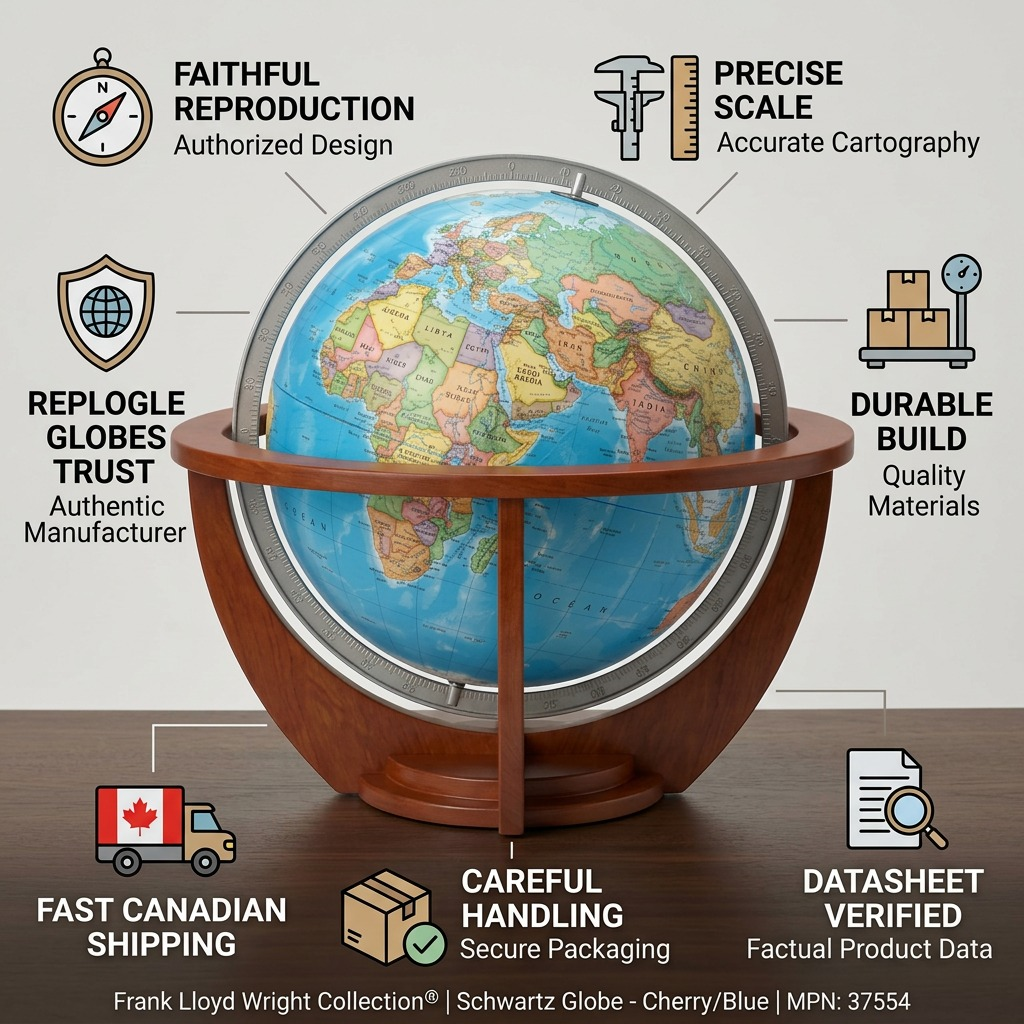 Trust infographic for Schwartz globe with Canadian shipping and factual feature icons.