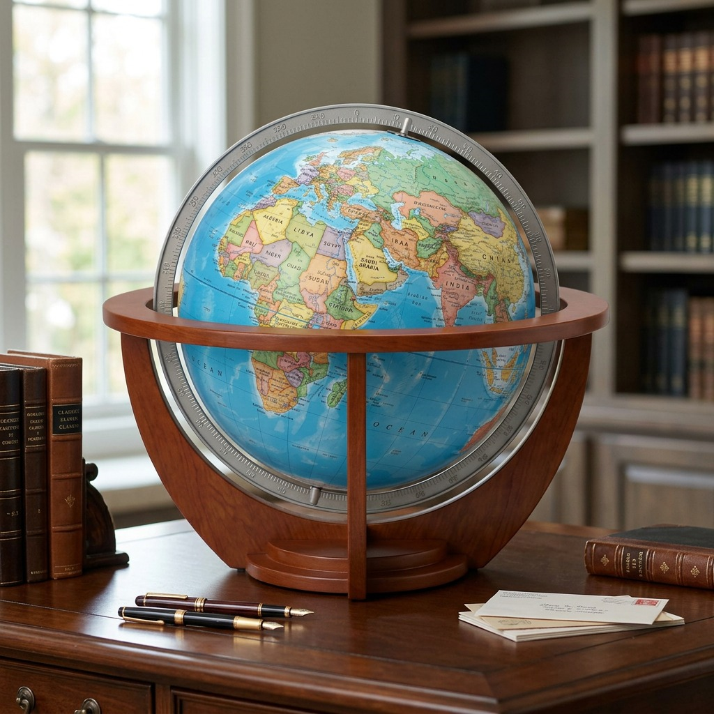 Replogle Schwartz Blue floor globe on Frank Lloyd Wright stand, natural light, home study desk.