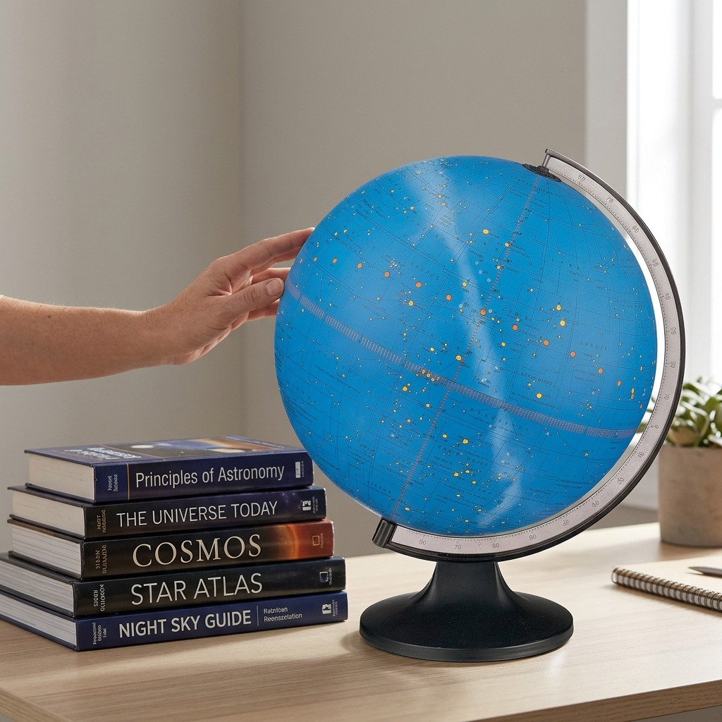 A hand reaches towards the illuminated blue constellation globe, showing size context next to a stack of books.