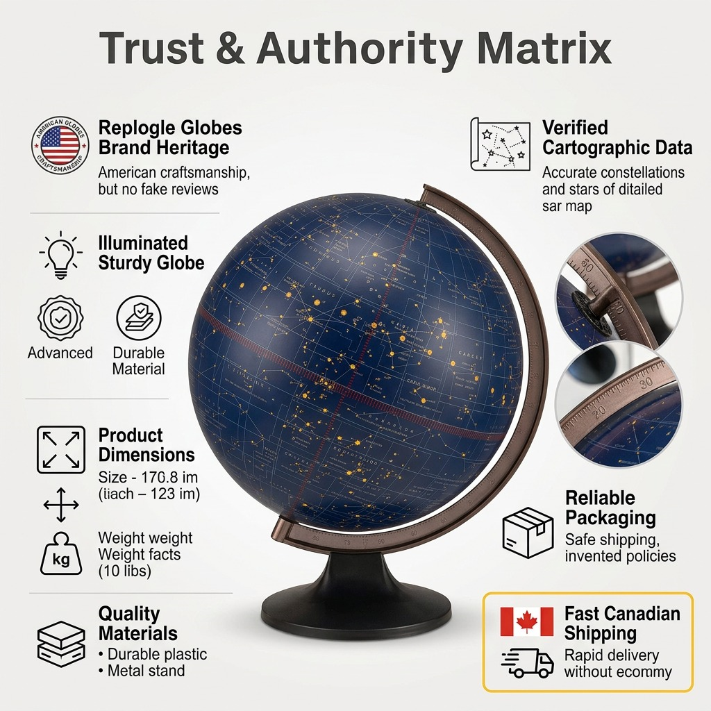 An infographic showing the Replogle Constellation Globe with icons and text detailing its features, quality, and fast shipping in Canada.