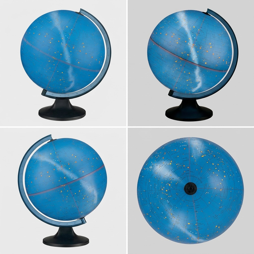 A product matrix presenting the blue illuminated constellation globe from three different angles: full front view, side profile, and rear top-down view.