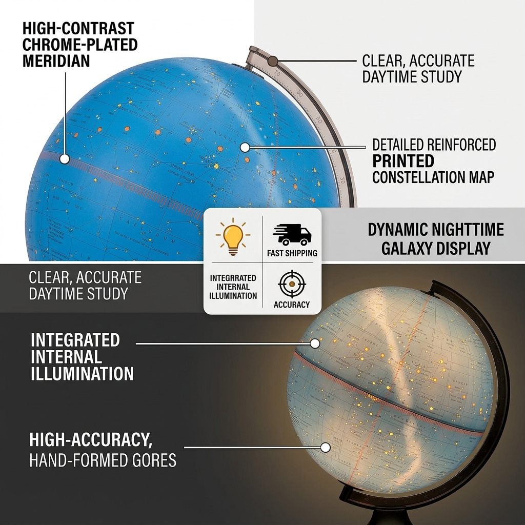 Product feature matrix graphic of Replogle illuminated star globe showing internal light and high accuracy map gore details.