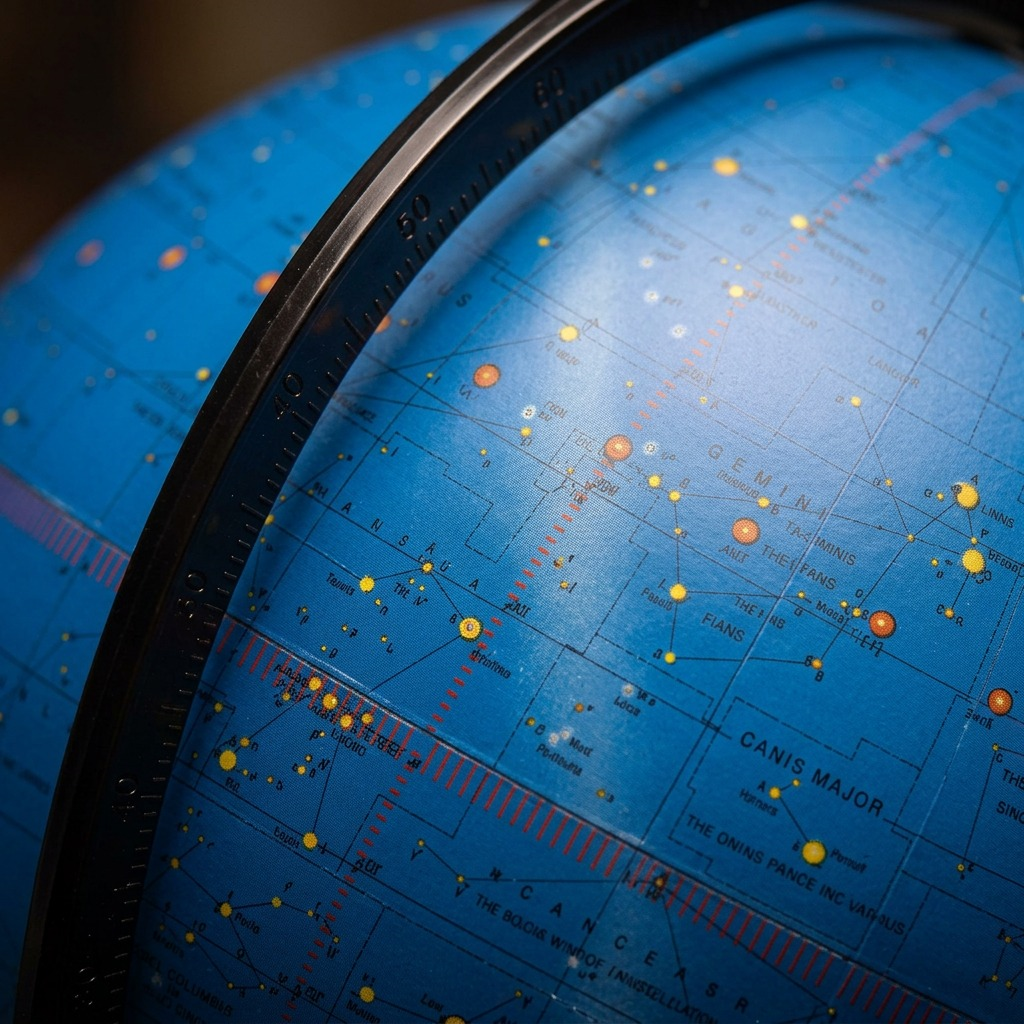 Macro view of the blue constellation globe's detailed astronomical features.