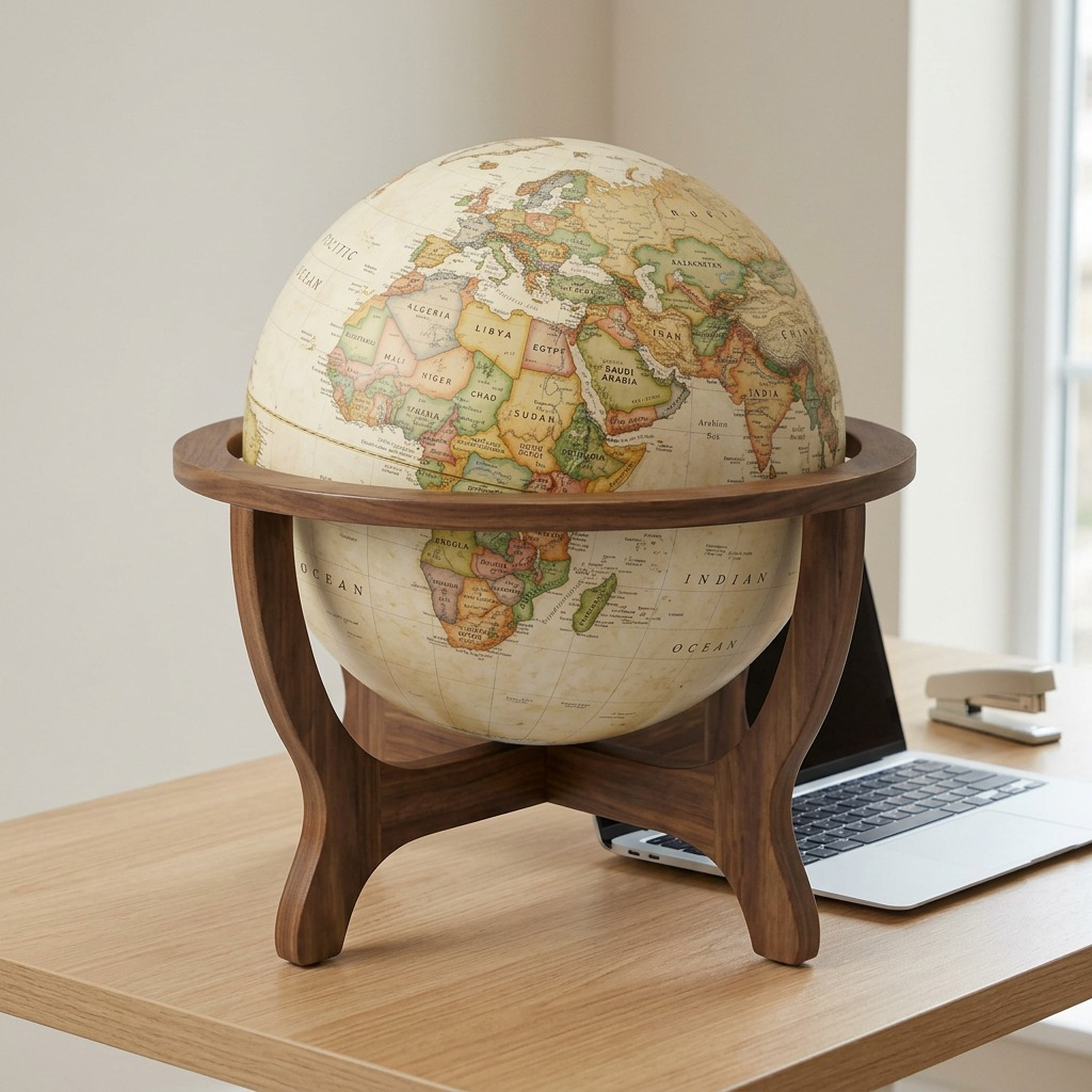 Scale reference photo showing the Replogle Goodall antique globe with wooden stand on an office desk next to a standard laptop, with natural light and a clean background.