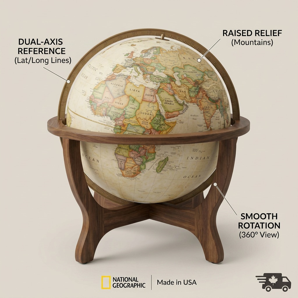 E-commerce feature callout graphic for an antique-style globe highlighting dual-axis reference, raised relief, and smooth rotation.