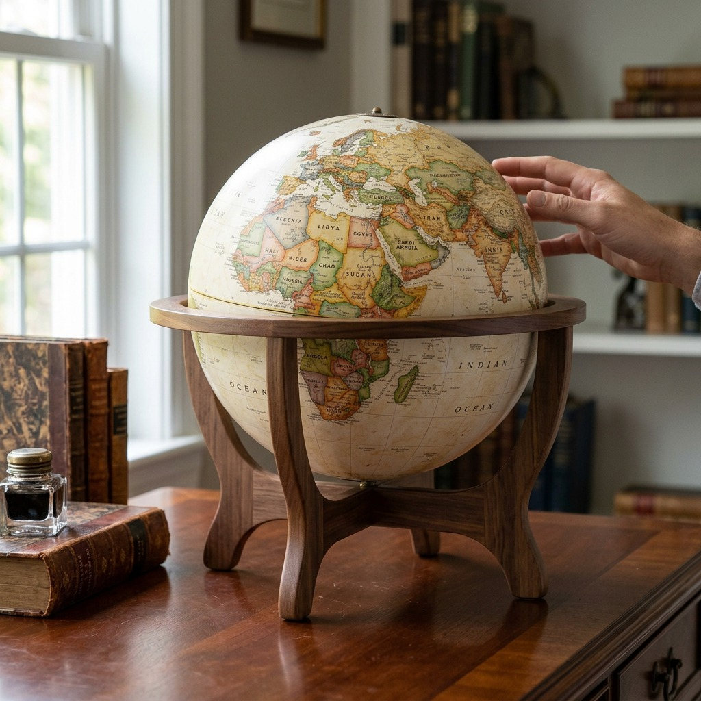 A lifestyle photograph of the Replogle GOODALL Antique globe on a wooden desk in a study environment. The globe is placed next to a stack of vintage books and an antique inkwell, with natural light coming from a nearby window. No packaging or text is visible.