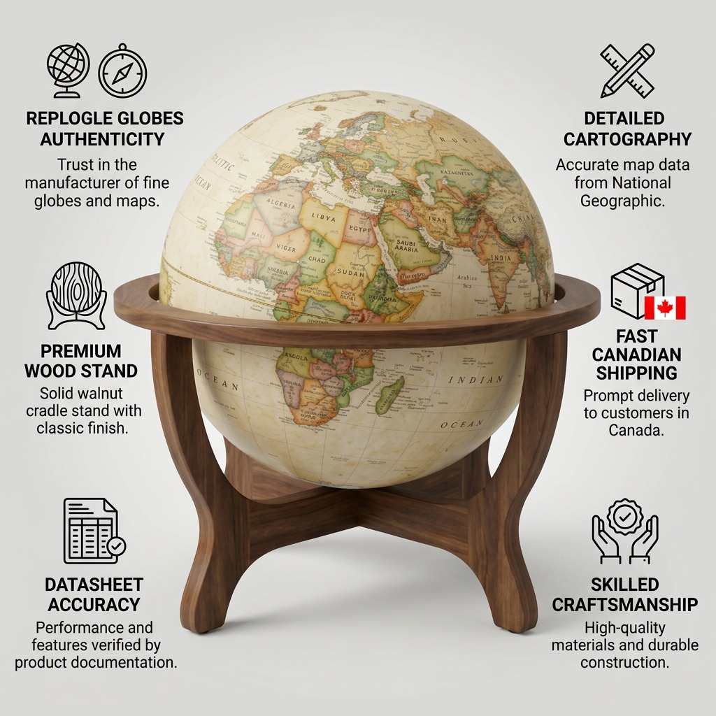 Replogle Goodall Antique Globe trust and authority infographic, with Canadian shipping and product facts.