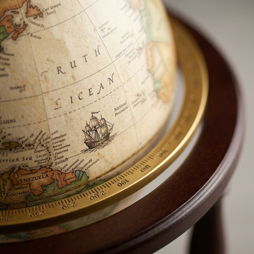 Extreme close-up macro photograph of the antique map print on the 39501 globe, showing paper texture and cartographic details.