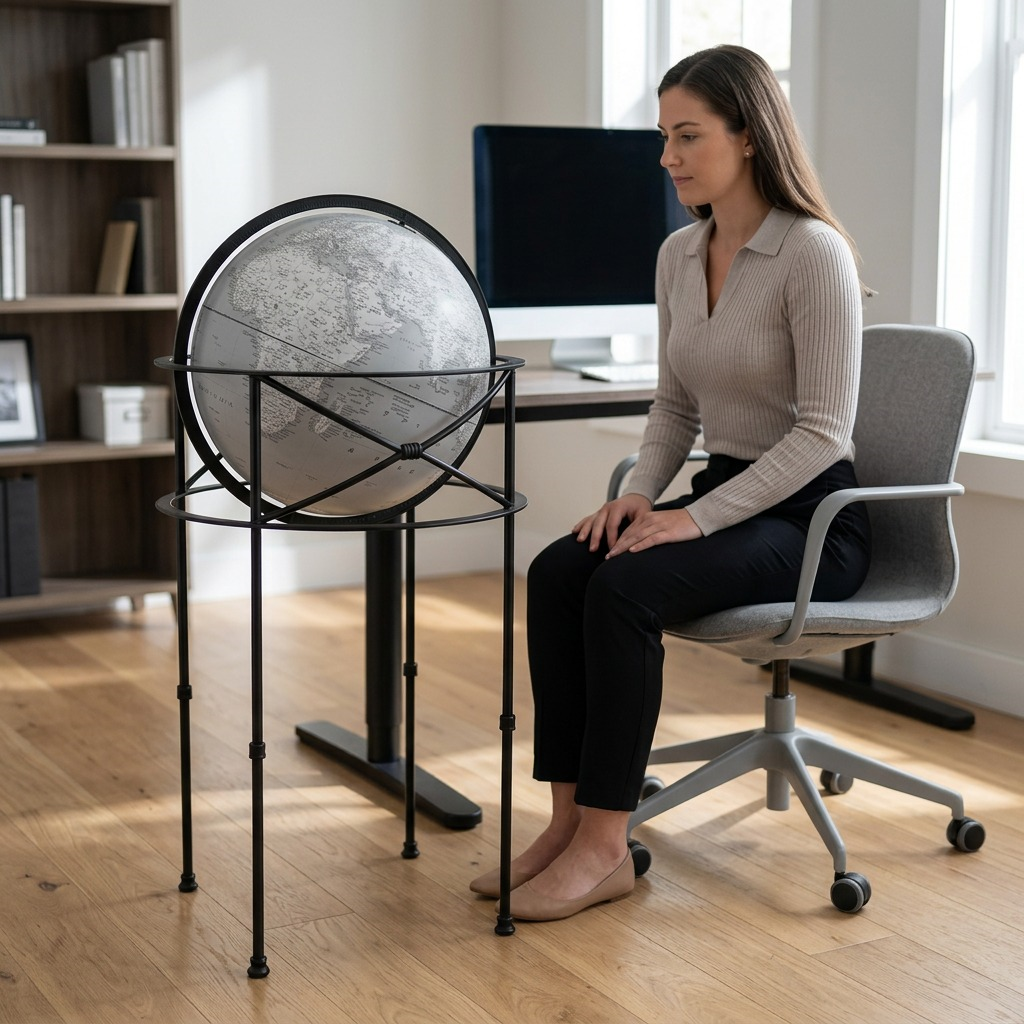 Replogle DAWSON floor globe, shown in true scale beside an office chair in a bright, modern room.