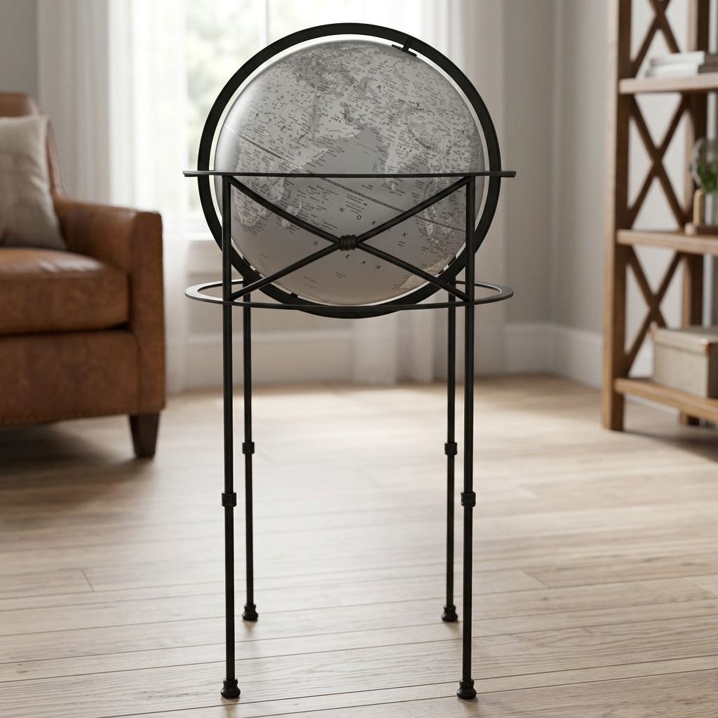 A lifestyle photograph of the Replogle DAWSON Gray globe on its black metal stand, placed on a light wood floor in a study, near a leather armchair.