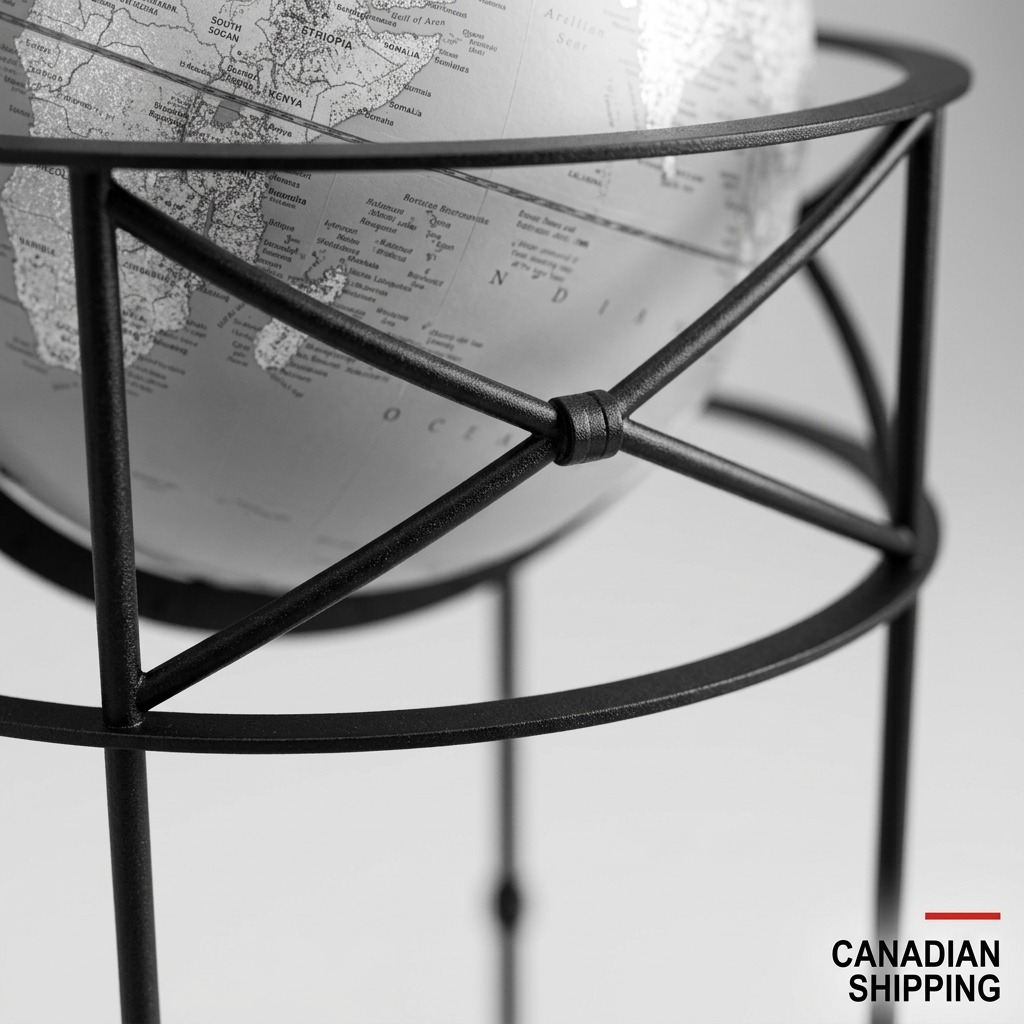 A close-up photograph of the Replogle Dawson Gray globe stand, focusing on the intricate black metal grid and its precise circular base connection, highlighting the quality and detail near the "CANADIAN SHIPPING" badge.