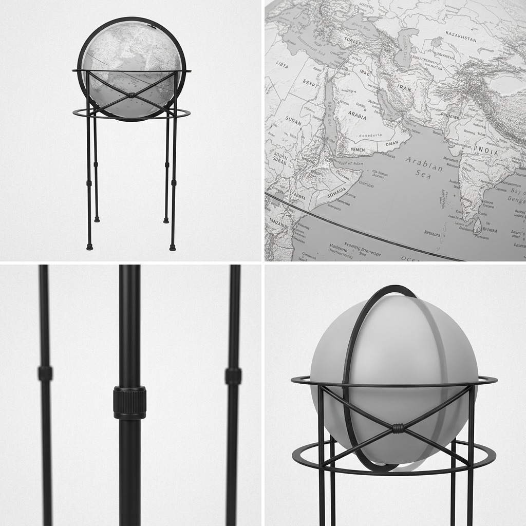 A product matrix for Replogle Globes DAWSON Gray, showing its front view and unique close-up details.