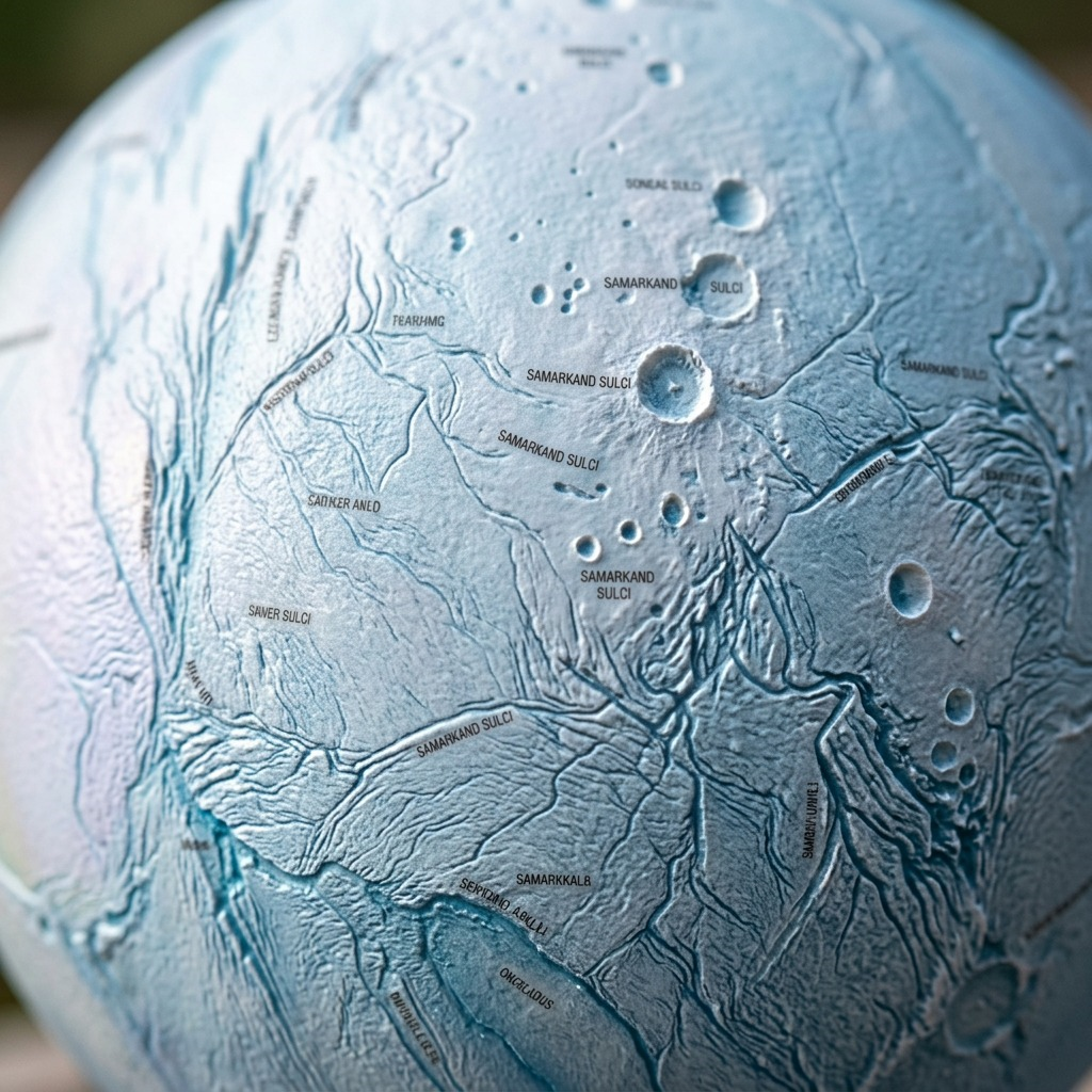Macro close-up of the detailed, 3D textured surface landscape of the Enceladus globe.