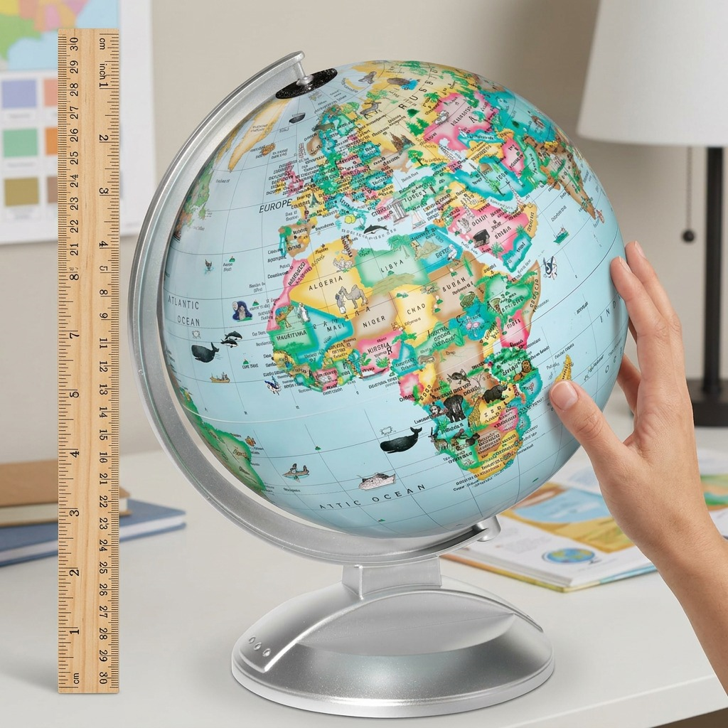 10" kids globe compared with human hand and ruler to show true product scale.