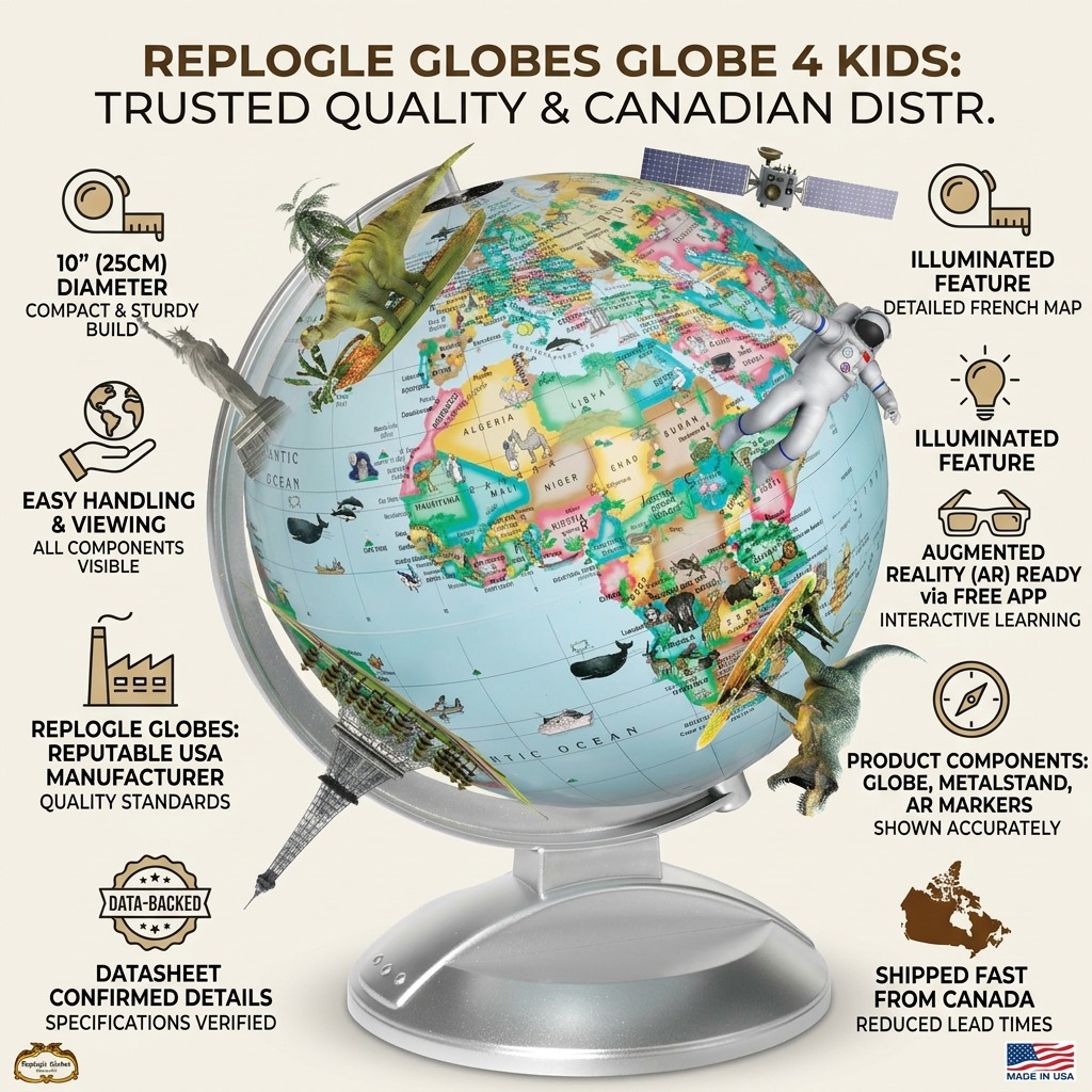 Replogle Globe 4 Kids infographic: trusted quality, key features, and fast Canadian distribution visual cues.