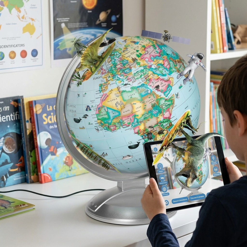 A child interacting with the augmented reality features of the Replogle Globe 4 Kids in a home environment.