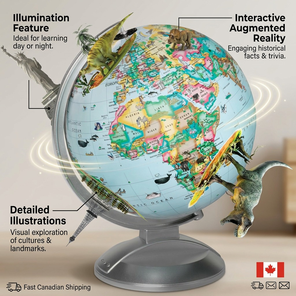 Ecommerce feature graphic for the Globe 4 Kids, highlighting illumination, detailed illustrations, and AR capabilities.