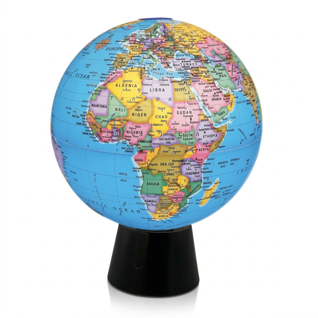 A high-resolution hero shot of the detailed Replogle rotating desk globe on its black conical base against a pure white background.