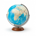 A high-resolution, pure white background hero shot of the 16" Nicollet blue ocean desk globe in its silver stand.