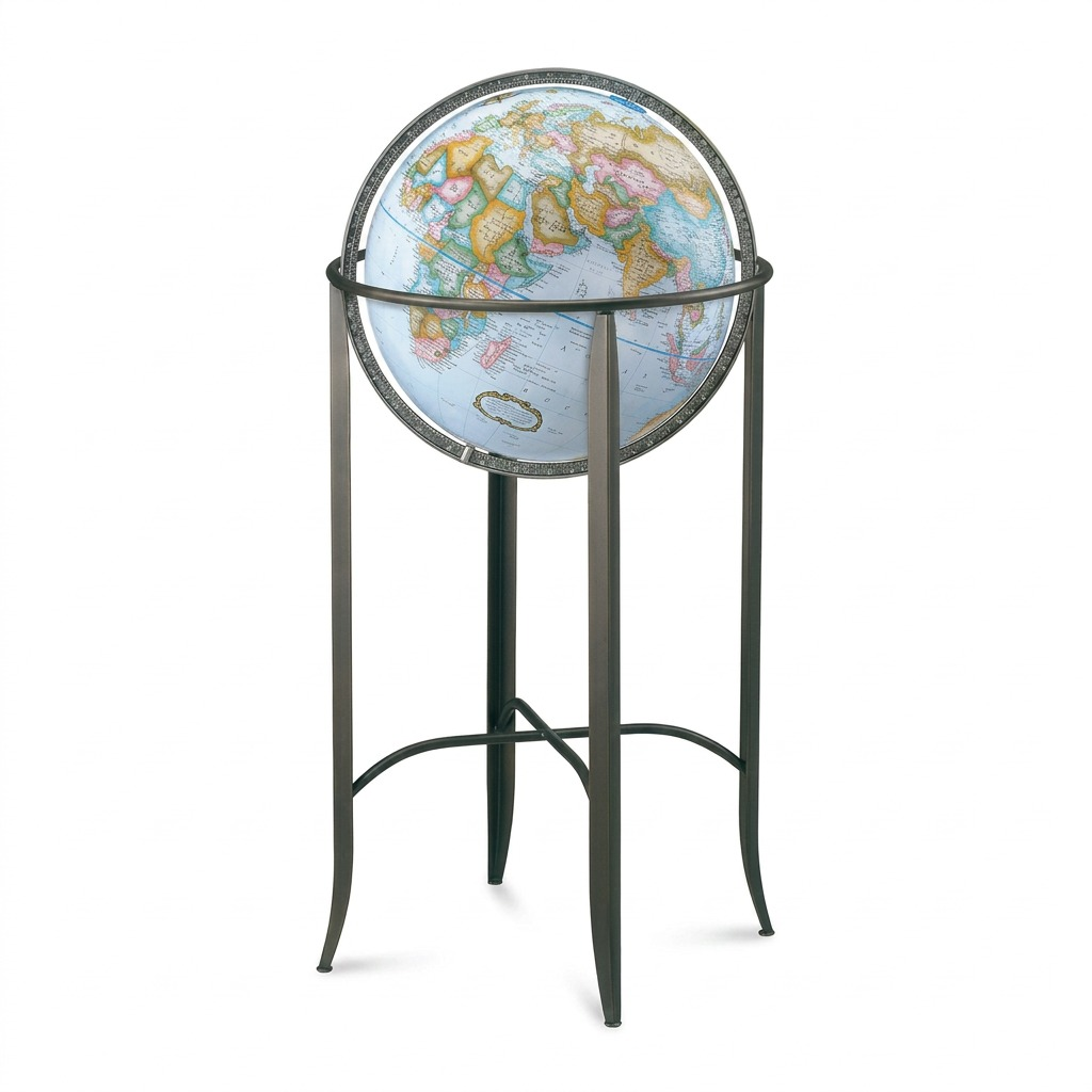 High-resolution hero shot: Replogle Trafalgar blue ocean floor globe on dark bronze stand, centered on white.