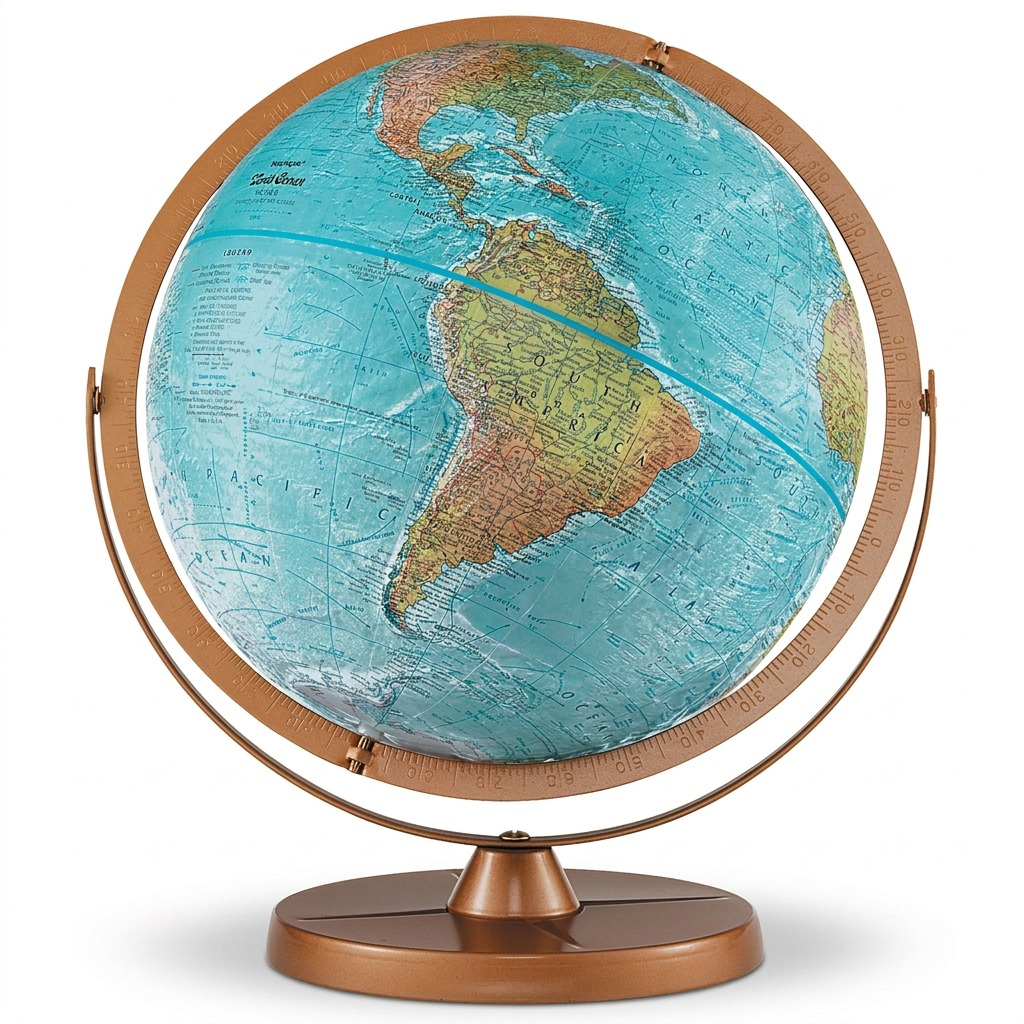 Pure high-resolution hero shot: Replogle Atlantis blue ocean 12" desk globe on copper stand, isolated.