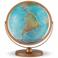 Pure high-resolution hero shot: Replogle Atlantis blue ocean 12" desk globe on copper stand, isolated.