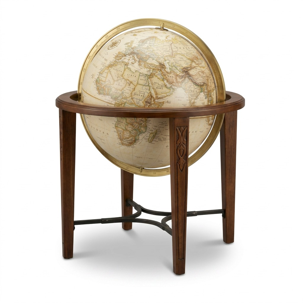 Pure. high-resolution hero shot of the Replogle Globes Jameson floor globe on its walnut stand.
