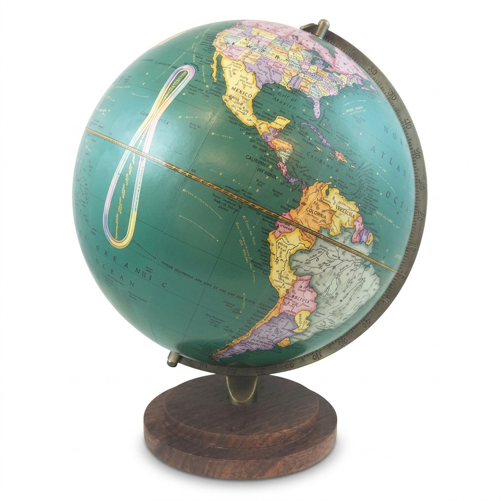 A 3D product render of the Replogle Globes PROVIDENCE Teal globe, shot against a pure white background. The globe has a teal ocean and colored landmasses, supported by a wooden base. The unique looping axis wire is visible.