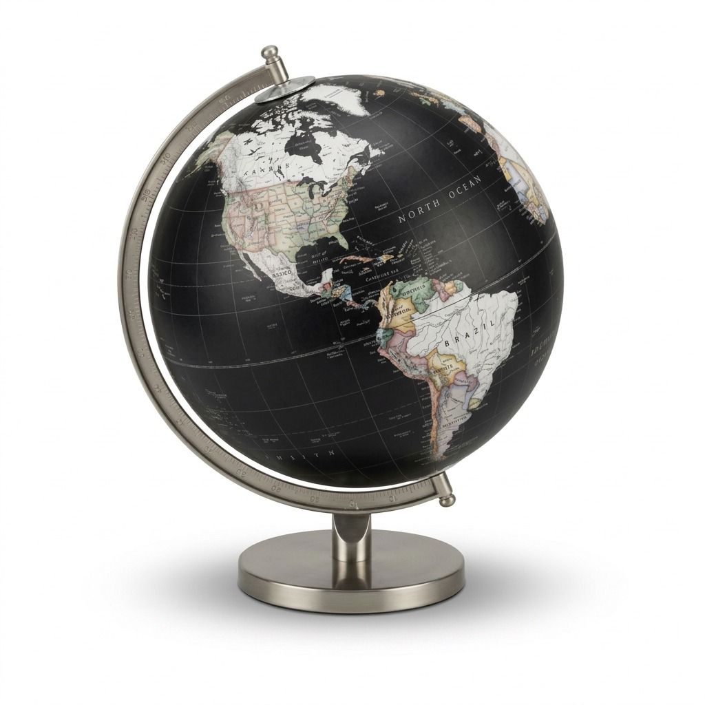 A high-resolution product shot of the Replogle National Geographic Bancroft black globe. The black world map with pastel country outlines is mounted on a satin nickel semi-meridian and a brushed metal circular base, centered on a clean white background.