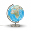 A centered, high-resolution hero shot of the 12"/30Cm Diameter Blue Ocean Illuminated Desk Globe with its distinctive silver-finish meridian and base, isolated on a pure white background.