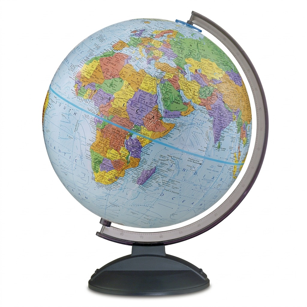 A crisp, front-facing hero shot of the Replogle Globes Traveler 12-inch desk globe on its black stand, against a pure white background.