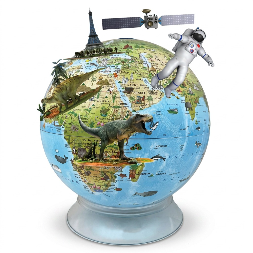 High-resolution 12-inch Replogle Day/Night Kids Globe with unique dinosaur and space details on a clear acrylic base, for ecommerce listing.