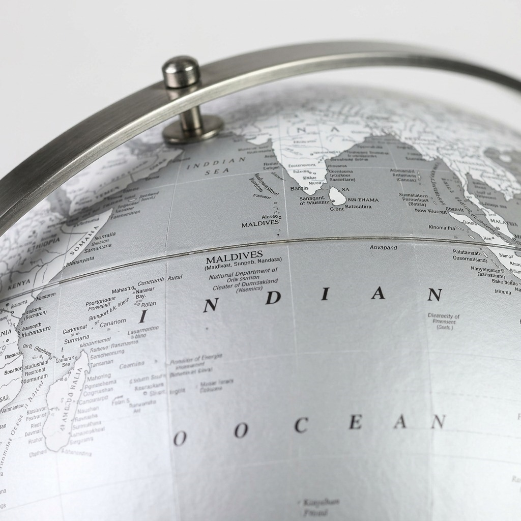 Macro view of the Willston globe, highlighting cartography detail, metal meridian, and printing quality.