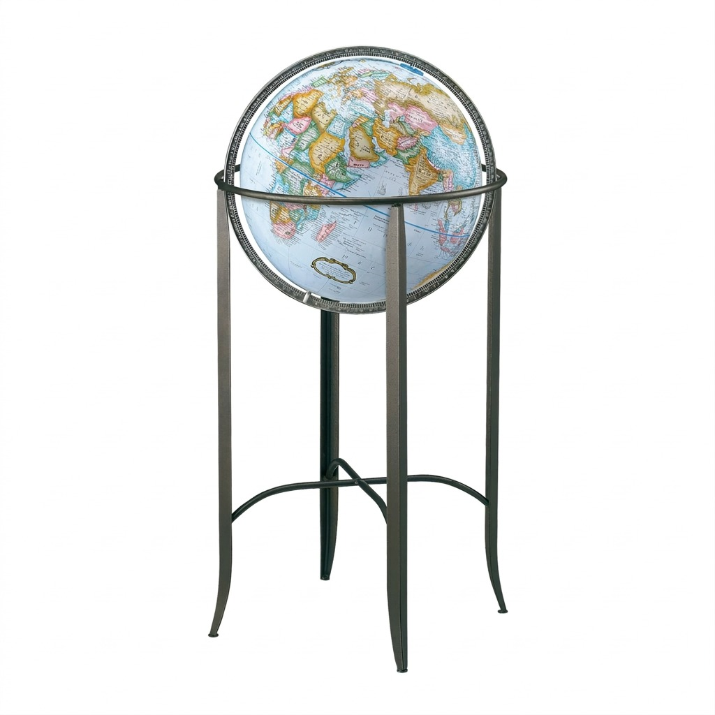 High-resolution hero shot of the Trafalgar 16" blue ocean floor globe on its metal stand against a pure white background.