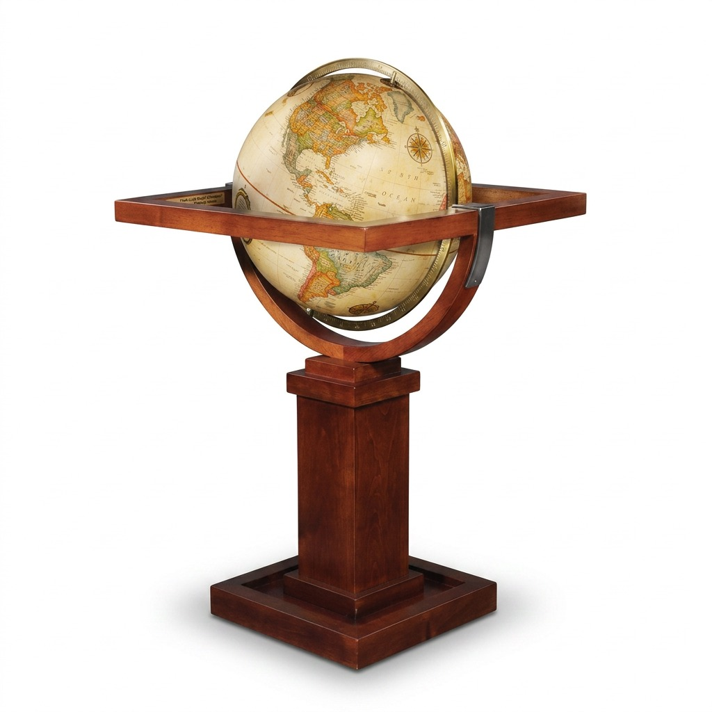 Replogle FLW Wright floor globe on wooden pedestal stand, pure white background.