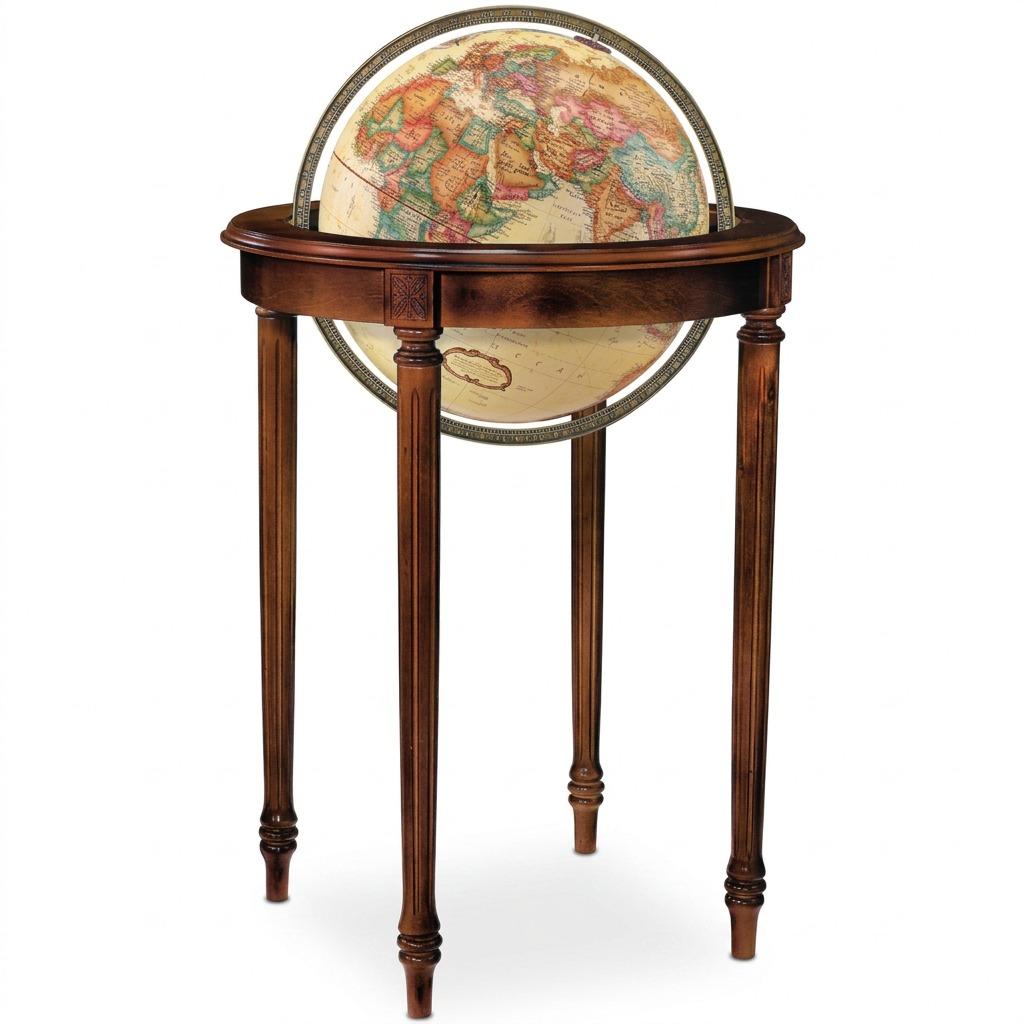 Replogle Regency floor globe on a dark cherry wood stand, isolated on a pure white background.