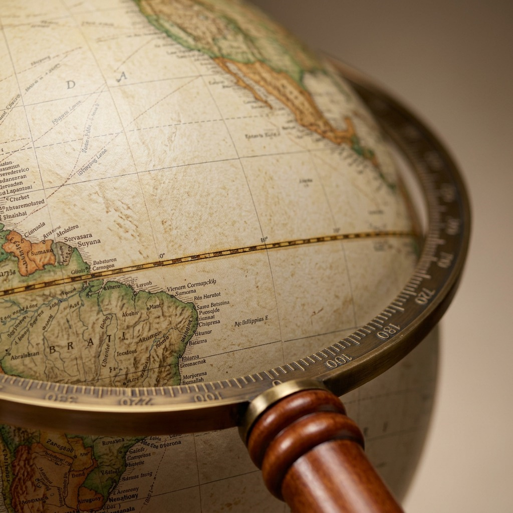 Extreme closeup of the texture, print, and materials on the antique style Commander II globe and stand.
